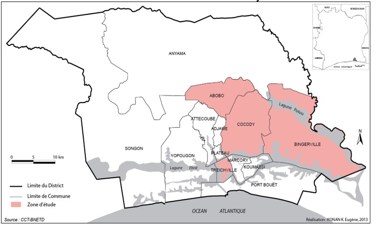 Localisation des 13 communes du district d’Abidjan et de la zone d’étude.